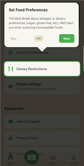 Set Food Preferences screenshot